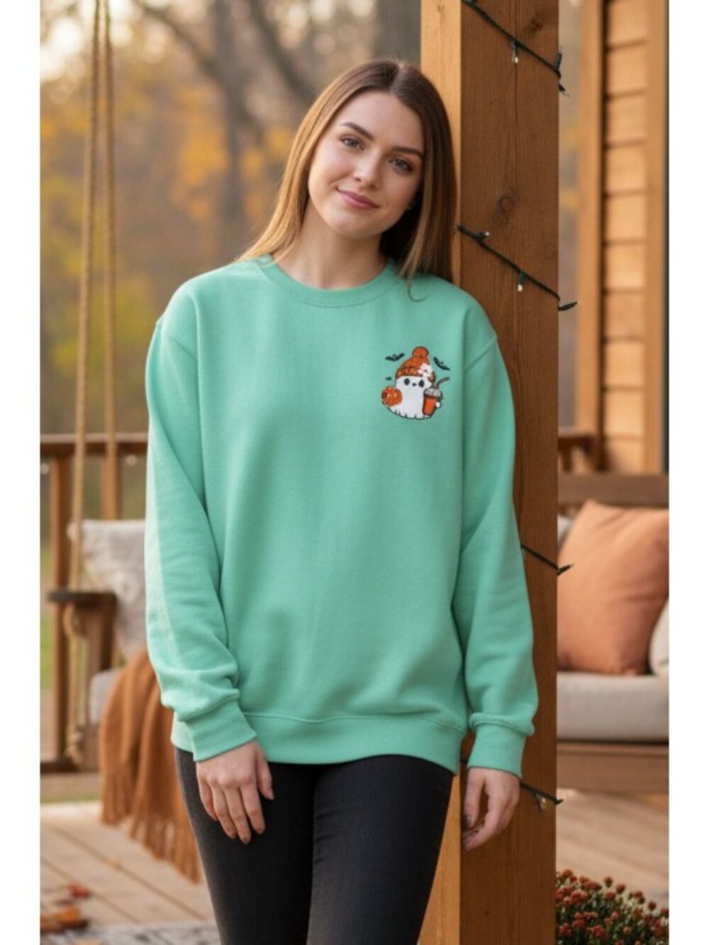 Embroidered Halloween Ghost Pumpkin Coffee Crew Neck Top Pullover Sweatshirt